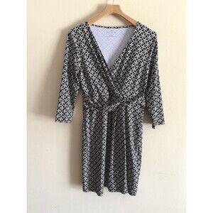 TALBOTS Black Ivory Chain‎ Link Surplice Wrap Bodice Dress Sz M Medium